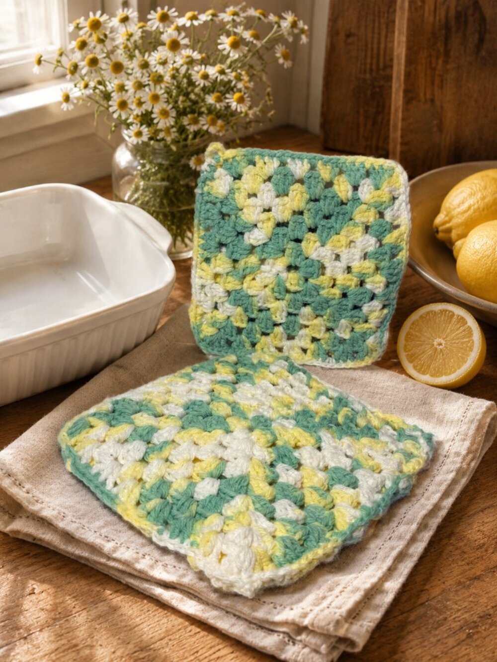 Handmade Crochet Potholder & Hot Pad Set Pastel Granny Square Cottagecore